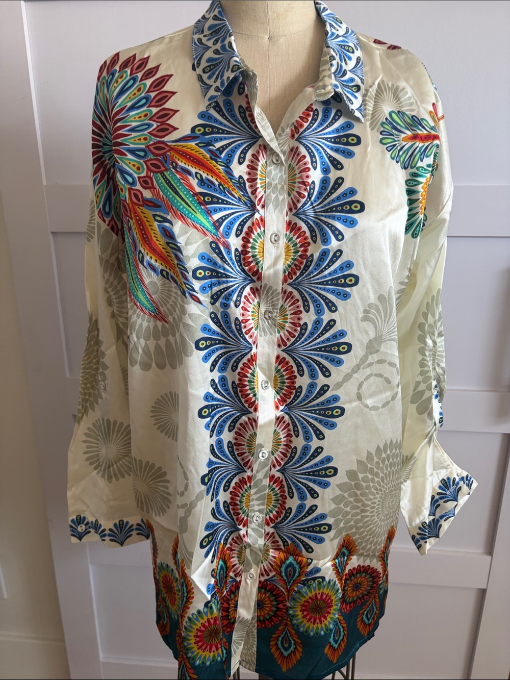 Johnny Was Cream Button-Up Blouse with Blue, Red, Green & Orange Floral Print